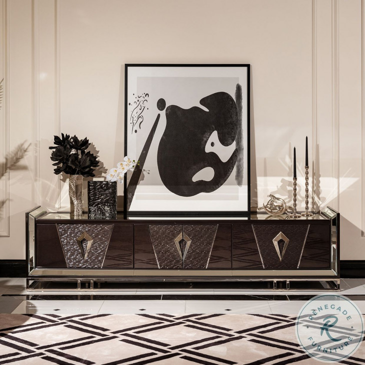 Monaco Elegance Glossy Charcoal Sand 95" Media Cabinet with 4 Storage Drawers