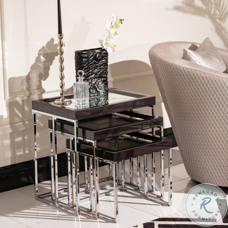 Monaco Elegance Glossy Charcoal Sand Nesting Tables Set of 3