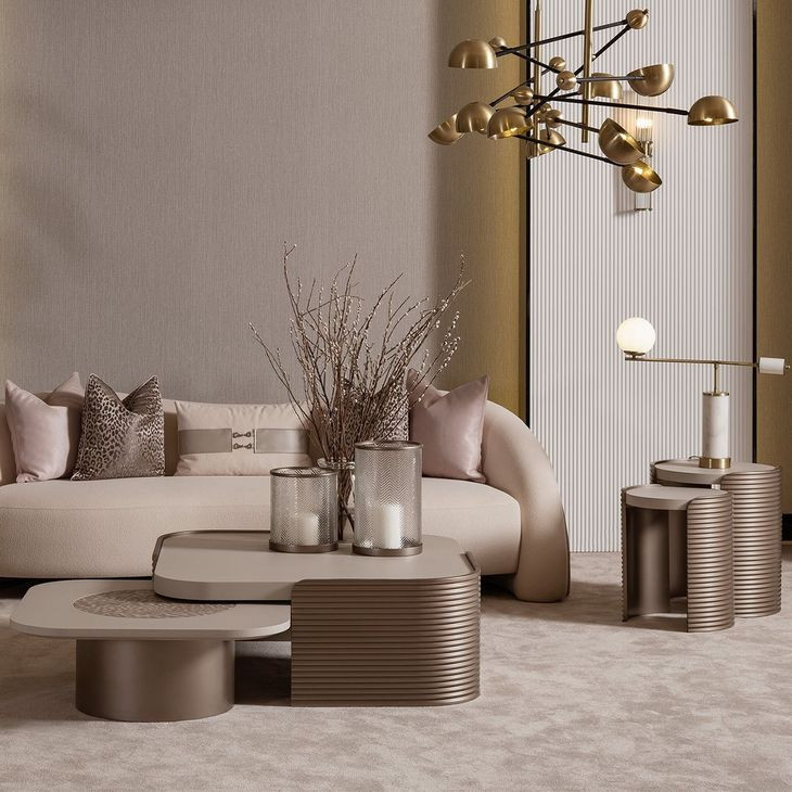 Moderne Rich Champagne Round Nesting Tables Set of 2