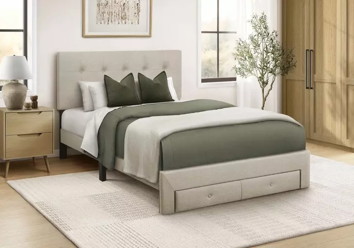5901F Beige Full Upholstered Storage Platform Bed