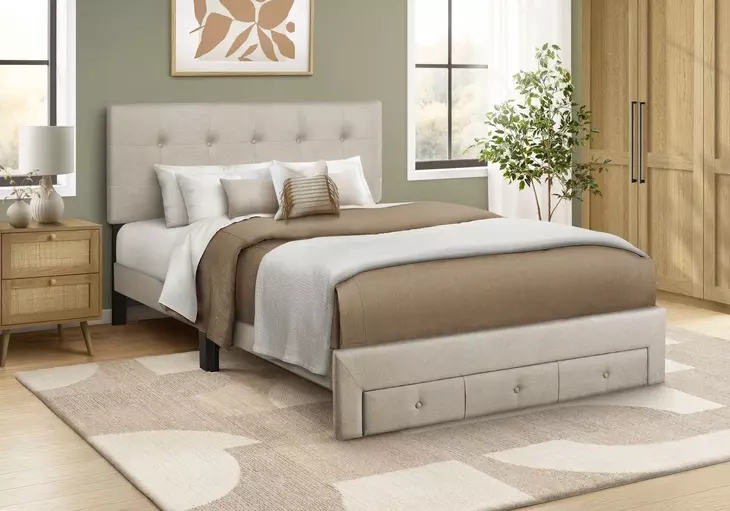 5901Q Beige Queen Upholstered Storage Platform Bed