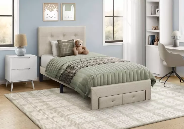5901T Beige Twin Upholstered Storage Platform Bed