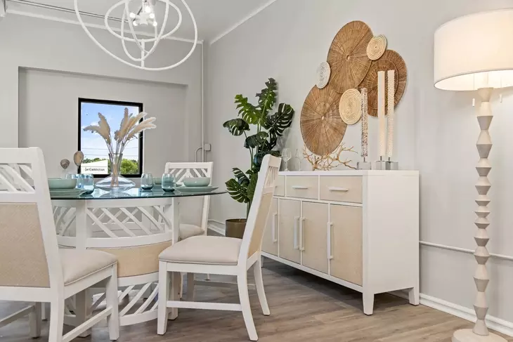 Miramar Sand and Stark White Round Glass Top Dining Room Set