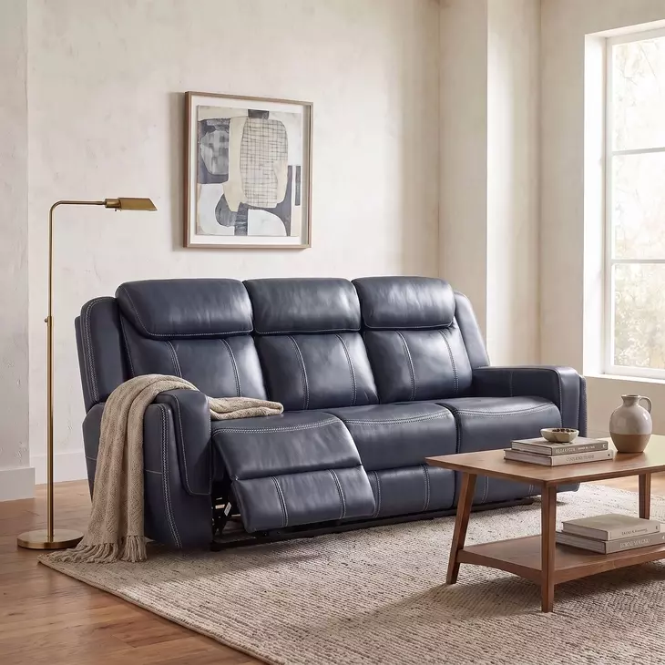 Littleton Blue Double 86" Reclining Sofa with Drop Down Table