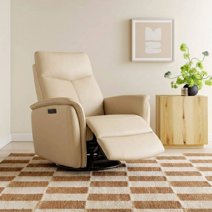 Inman Taupe Leather Swivel Glider Power Recliner with Power Headrest and USB Charging