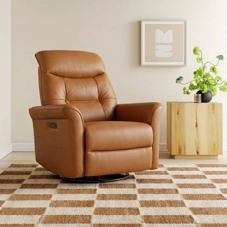 Jennings Camel Leather Swivel Glider Power Recliner with Power Headrest and USB Charging