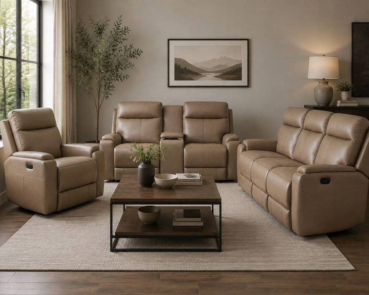 Bryant Tuscan Tan Leather Lay Flat Power Reclining Living Room Set with USB Charging