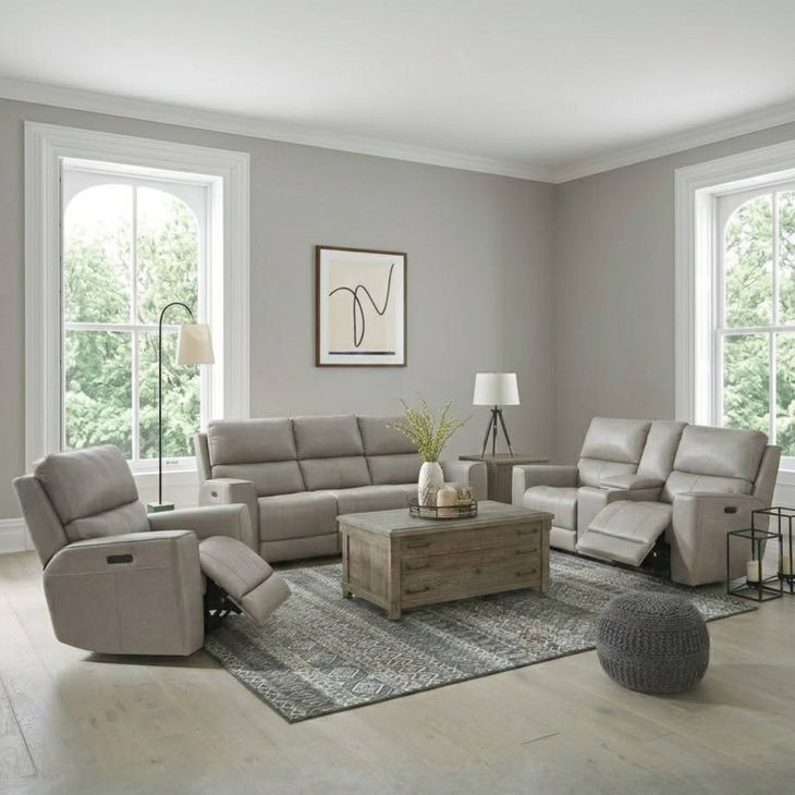 Laredo Cement Leather Zero Gravity Power Reclining Living Room Set with Power Headrest and USB Charging