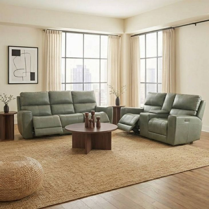 Laredo Sage Moss Leather 87" Zero Gravity Power Reclining Sofa with Fold Down Center Console and USB Charging