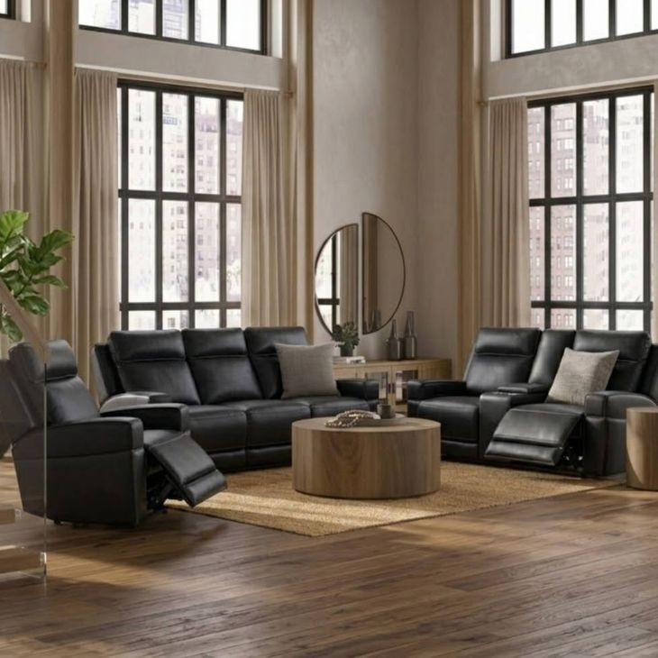 Valley Black Leather Zero Gravity Power Reclining Living Room Set with Power Headrest and USB Charging