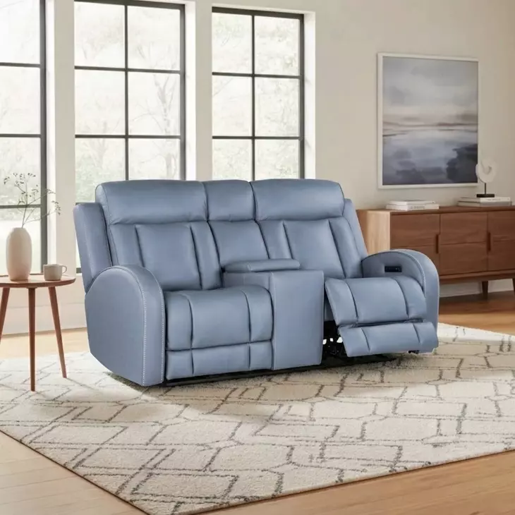 Quinn Blue Gray Leather 73" Zero Gravity Triple Power Reclining Loveseat with Console and USB Charging