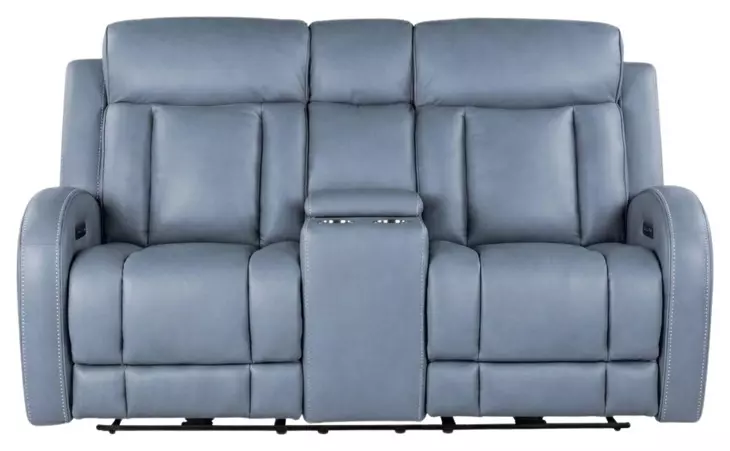 Quinn Blue Gray Leather 73" Zero Gravity Triple Power Reclining Loveseat with Console and USB Charging