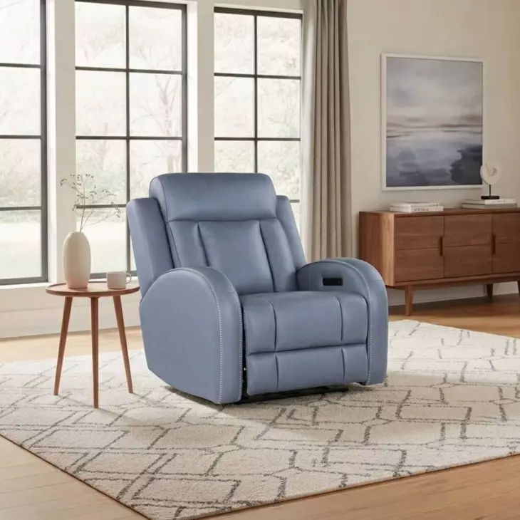 Quinn Blue Gray Leather Zero Gravity Triple Power Recliner with USB Charging
