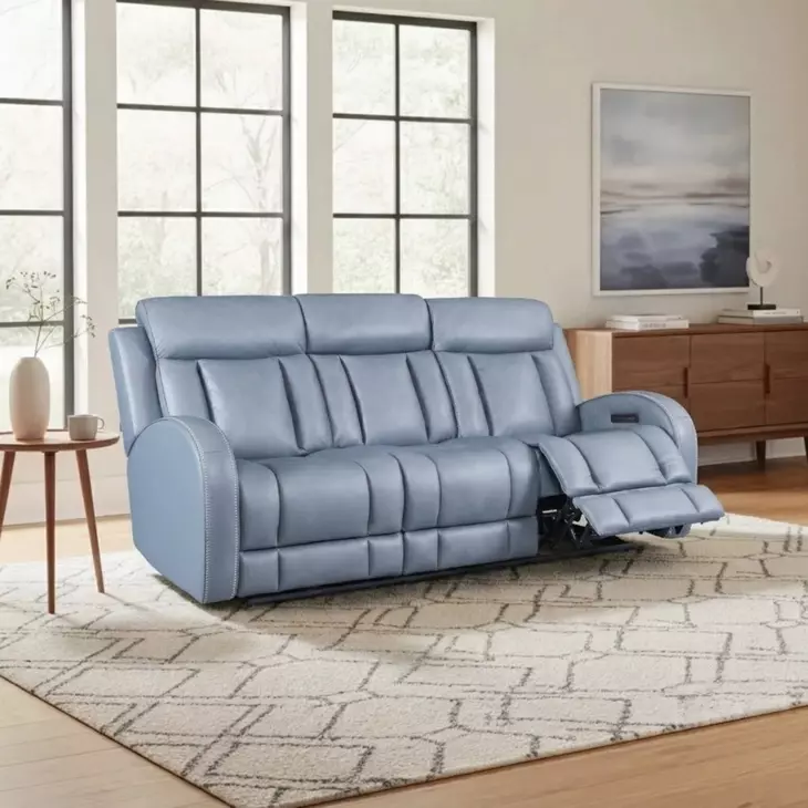 Quinn Blue Gray Leather Zero Gravity Triple Power Reclining Living Room Set