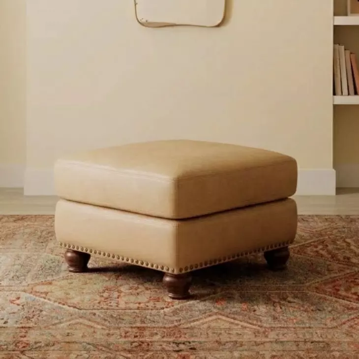 Hutton Tan Fawn Leather Upholstered Square Ottoman with Nailhead Trim