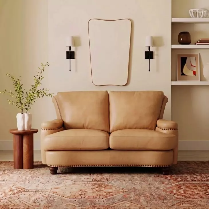 Hutton Tan Fawn Leather 63" Loveseat with Nailhead Trim