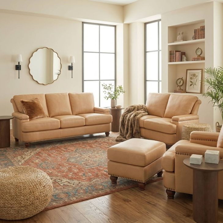 Holden Tan Fawn Leather Living Room Set