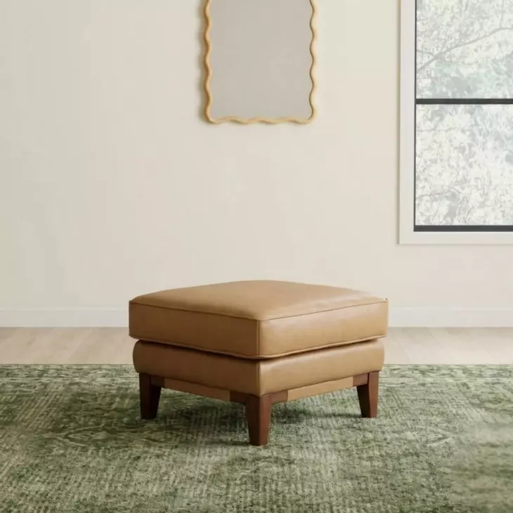 Pendry Carmel Saddle Leather Upholstered Rectangular Ottoman