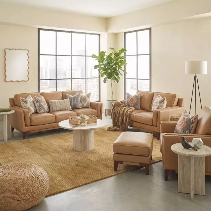 Pendry Carmel Saddle Leather Living Room Set