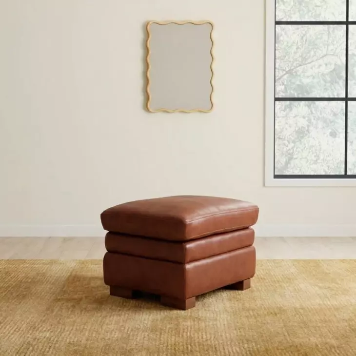 Ellery Brown Auburn Leather Upholstered Rectangular Ottoman