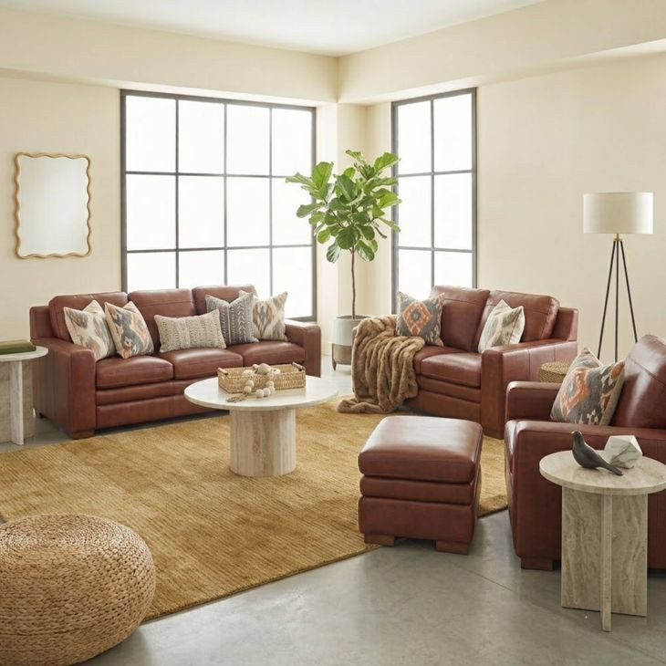 Ellery Brown Auburn Leather Living Room Set