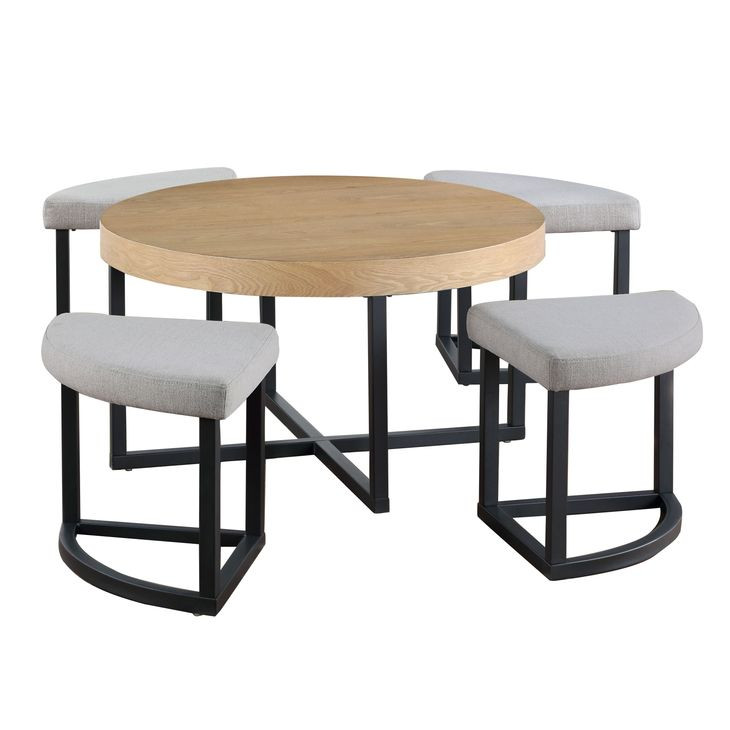 Magnolia Brown Round Nesting Coffee Table with 4 Stools