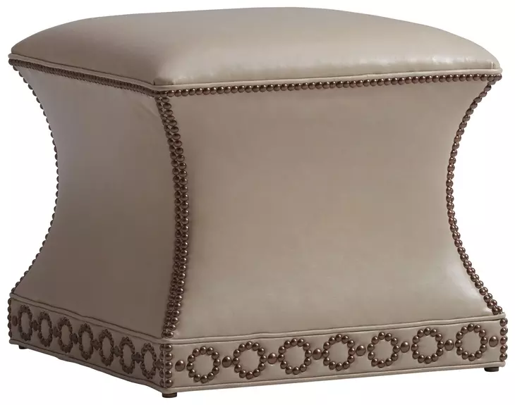 Merino Carlyle Beige Leather Upholstered Square Ottoman with Nailhead Trim