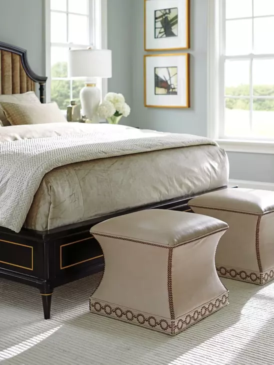 Merino Carlyle Beige Leather Upholstered Square Ottoman with Nailhead Trim
