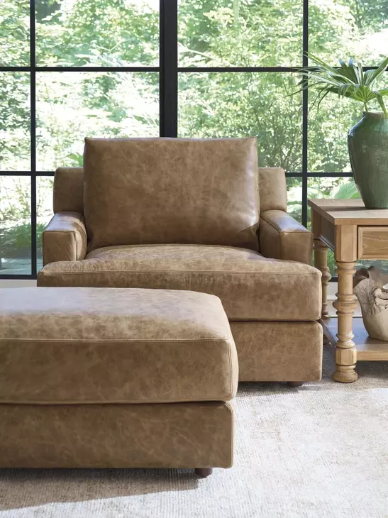 Millington Brown Leather Upholstered Rectangular Ottoman by Barclay Butera