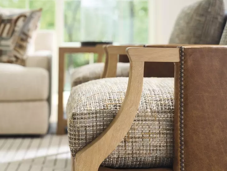 Treadwell Beige and Brown Leather Upholstered Accent Chair with Nailhead Trim by Barclay Butera