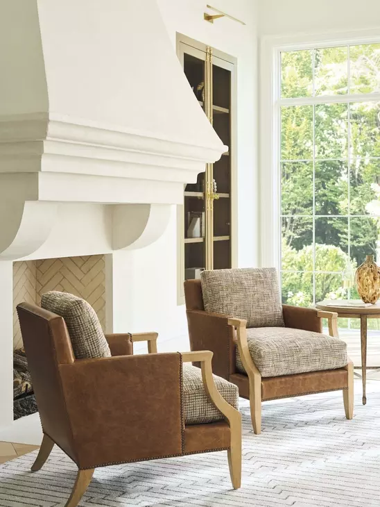 Treadwell Beige and Brown Leather Upholstered Accent Chair with Nailhead Trim by Barclay Butera