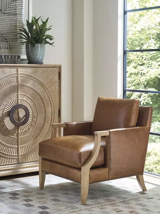 Treadwell Brown Leather Upholstered Accent Chair with Nailhead Trim by Barclay Butera
