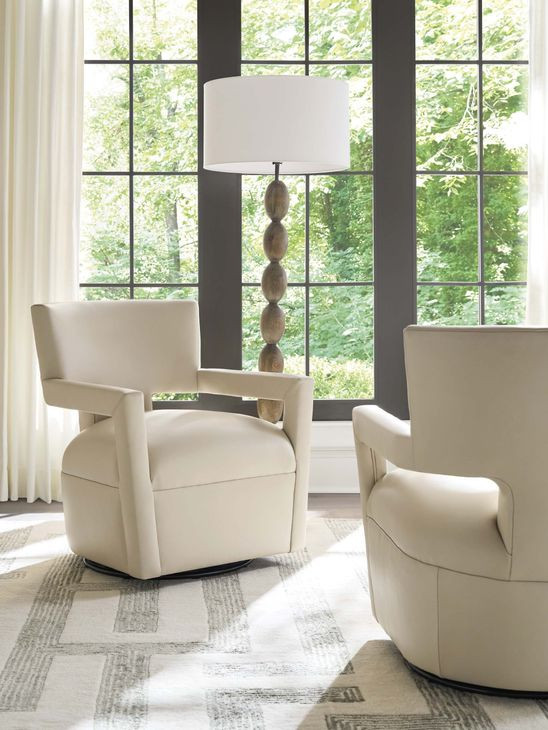 Woodside Beige Leather Upholstered Swivel Accent Chair by Barclay Butera