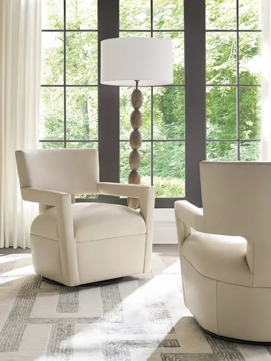 Woodside Beige Leather Upholstered Swivel Accent Chair by Barclay Butera