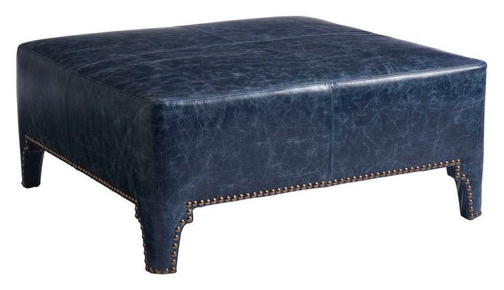 Sheffield Blue Leather Upholstered Cocktail Ottoman with Nailhead Trim