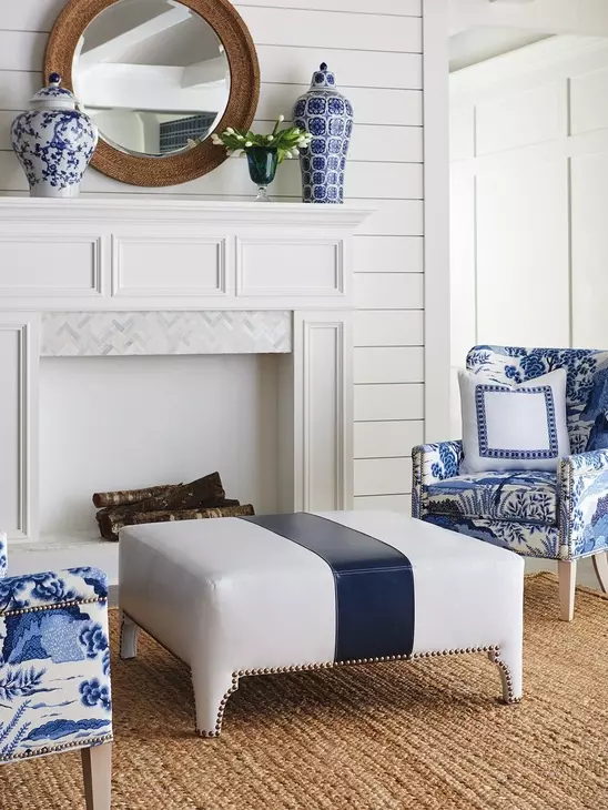 Sheffield Blue and Gray Leather Upholstered Cocktail Ottoman with Nailhead Trim