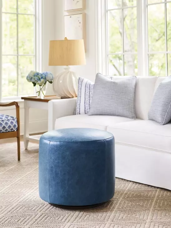 Three Arch Blue Leather Upholstered Ottoman