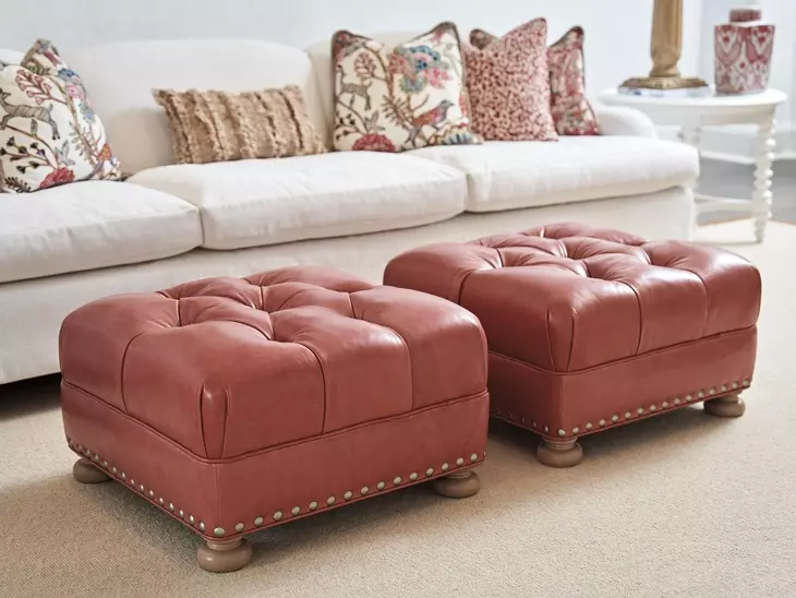 Winslow Red Leather Upholstered Ottoman with Nailhead Trim