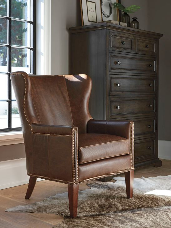 Avery Brown Leather Upholstered Wing Chair with Nailhead Trim