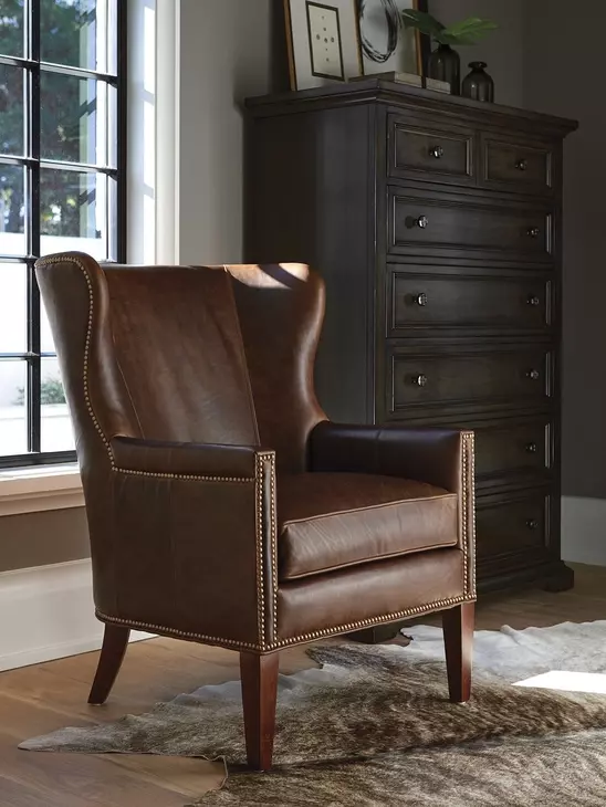 Avery Brown Leather Upholstered Wing Chair with Nailhead Trim