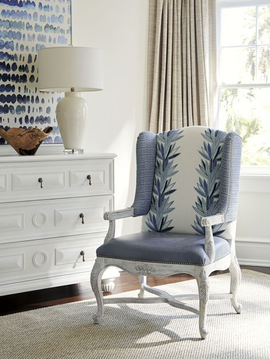 Patras Blue and Gray Leather Upholstered Wing Chair with Nailhead Trim