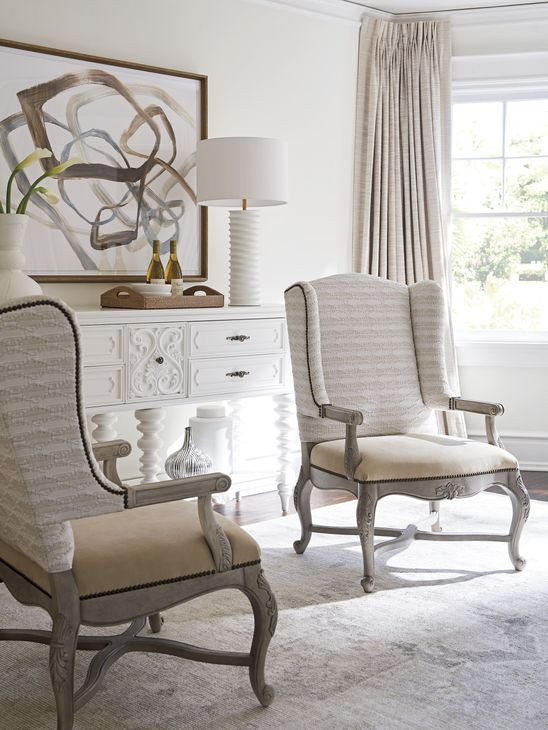 Patras Beige Leather Upholstered Wing Chair with Nailhead Trim