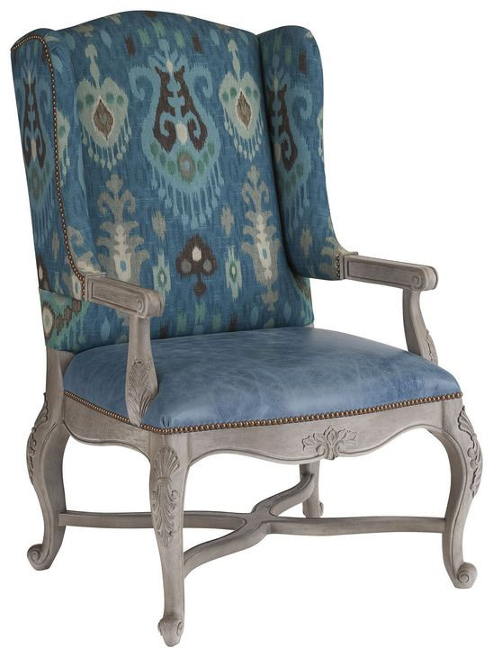 Patras Blue Leather Upholstered Wing Chair with Nailhead Trim