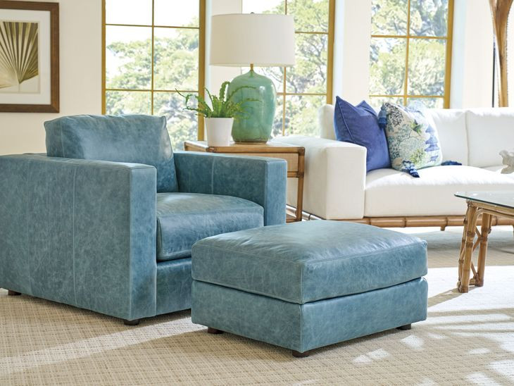 Key Biscayne Granville Blue Leather Upholstered Rectangular Ottoman