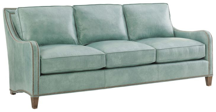 Twin Palms Koko Green Leather 85" Sofa with Nailhead Trim