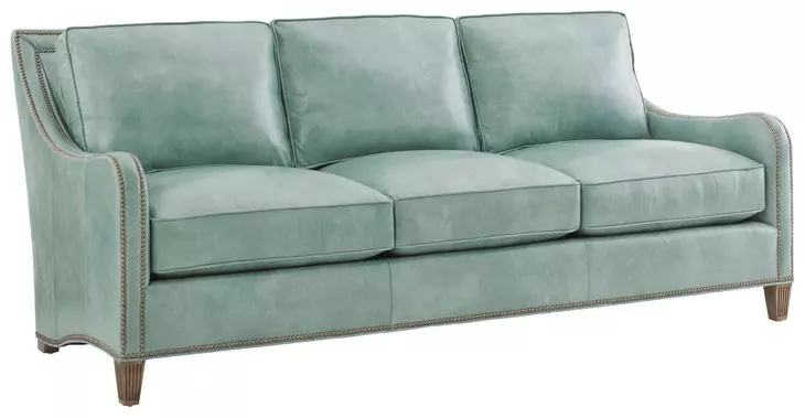 Twin Palms Koko Green Leather 85" Sofa with Nailhead Trim