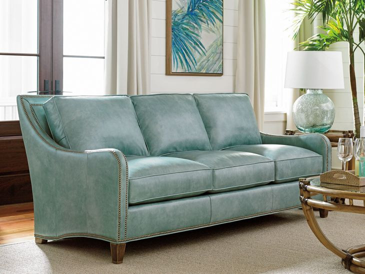 Twin Palms Koko Green Leather 85" Sofa with Nailhead Trim