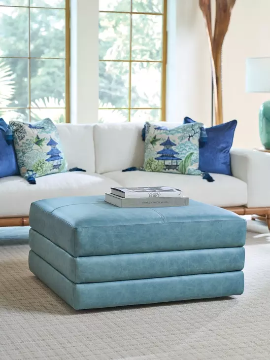 Brickell Blue Leather Upholstered Square Ottoman