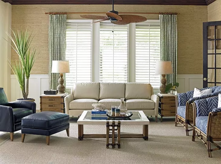 Twin Palms Coconut Grove Blue Leather Upholstered Rectangular Ottoman