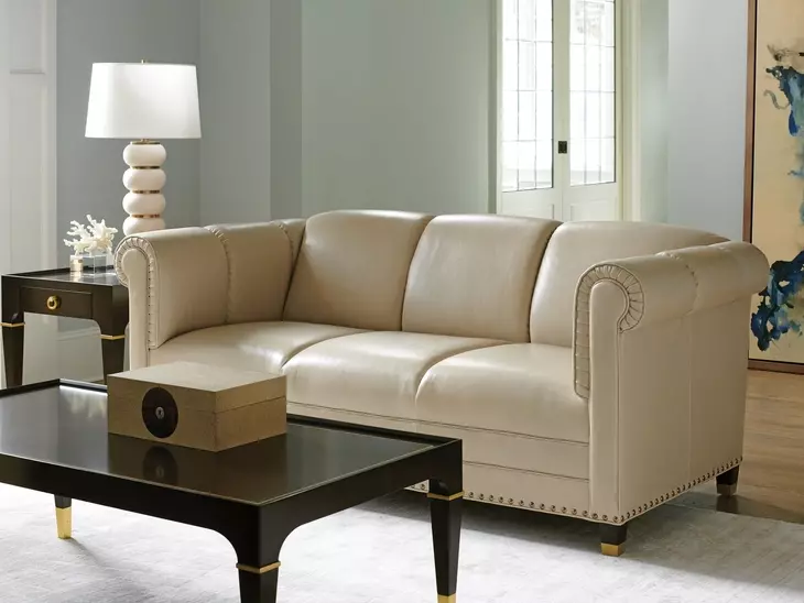 Springfield Carlyle Beige Leather Apt 82" Sofa with Nailhead Trim